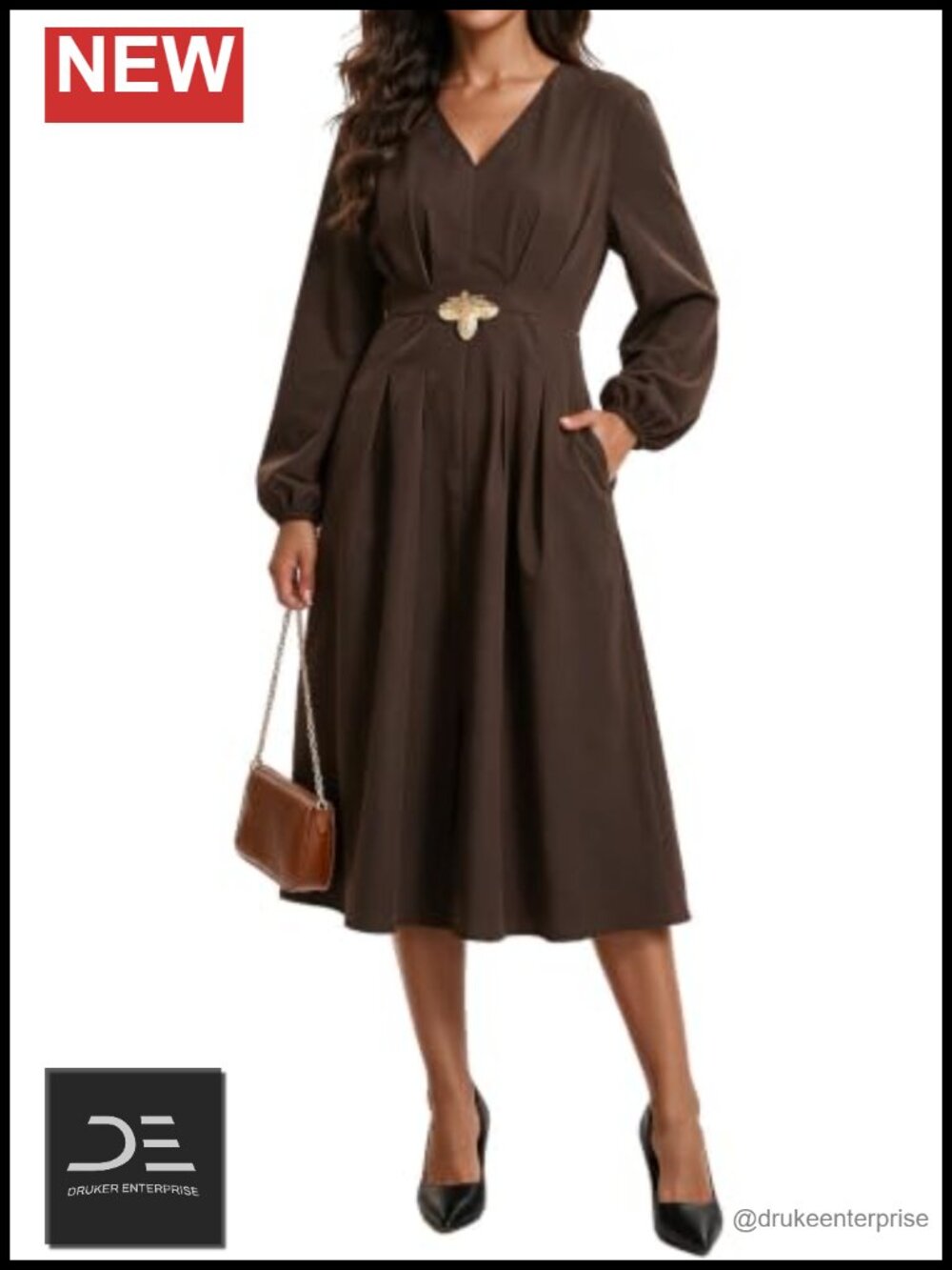 Long Puff Sleeve Pleated Midi Dress with Pockets